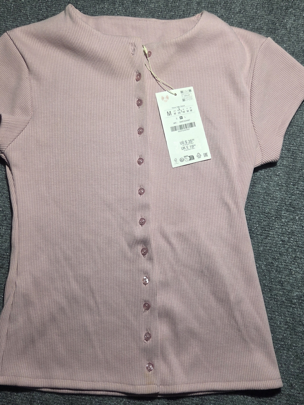 NWT Zara Pink Ribbed Short Sleeve Button-Front Top Cardigan Size M